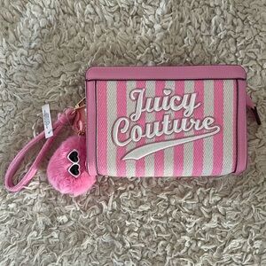 Juicy Couture Pink & White Striped Wristlet with Fuzzy Heart Charm